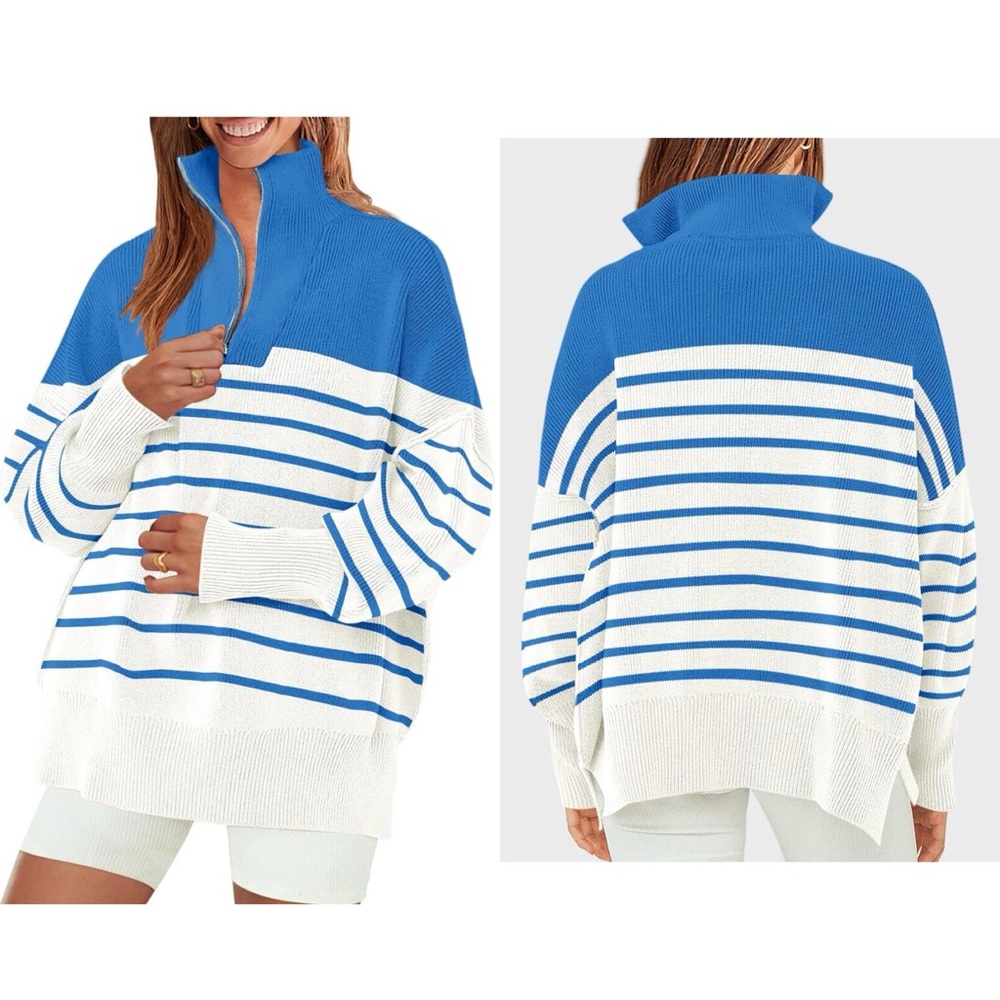 Striped Sweaters Half Zipper Long Sleeve Ribbed Knit Loose Oversized Pullover M